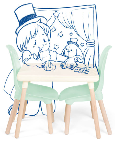 Kids table and chair set with sketch of girl in a hat playing with stuffed animals.