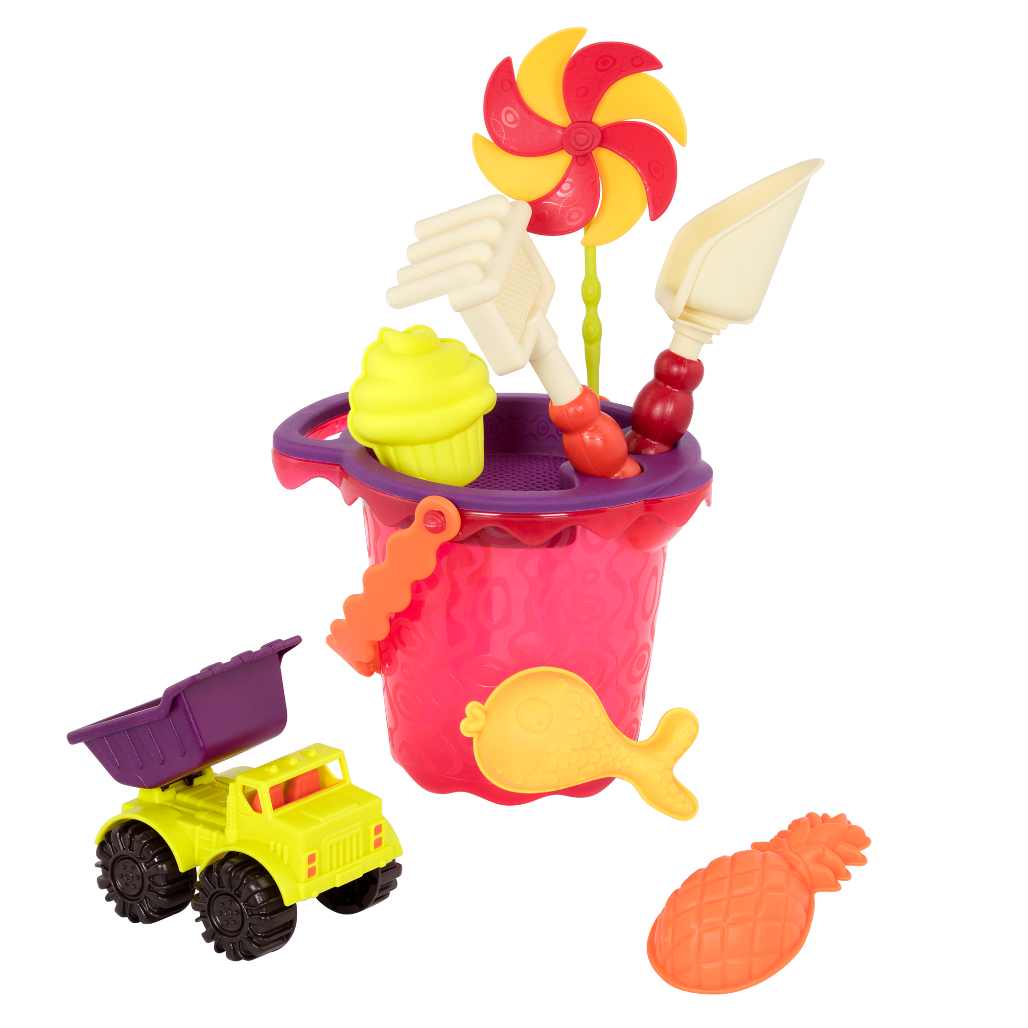 B. Toys – Sands Ahoy Medium Bucket – Water & Sand Play – 9 Unique Sand & Water Toys – Beach Playset – Bucket, Shovel, Truck, Molds – 18 Months