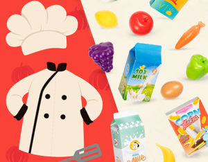 Play food next to a chef's costume.
