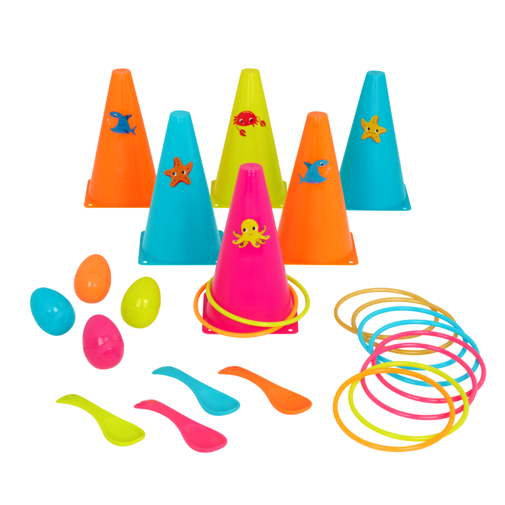 B. toys- Ring Toss Game- Indoor & Outdoor – Sling-a-Ring Toss – 12 pcs – 5  Pegs & 5 Colorful Rings – for Toddlers, Kids – 3 Years +