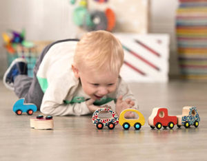 Boy with mini wooden cars.