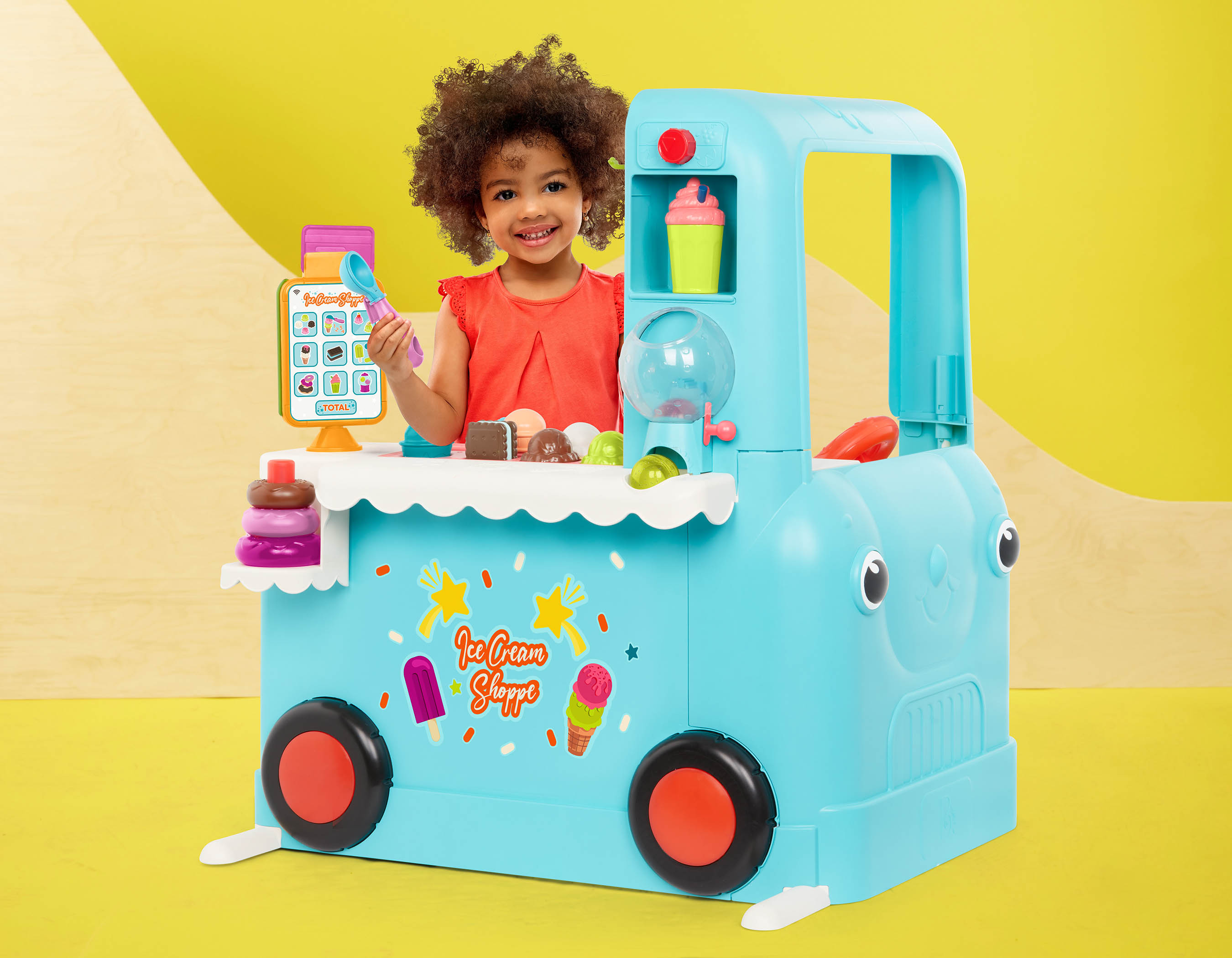 Kids Wooden Interactive Ice Cream Cart Playset Toy w/ Chalkboard & Storage