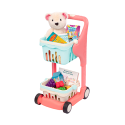 Toy shopping cart with teddy bear, book, and play food.