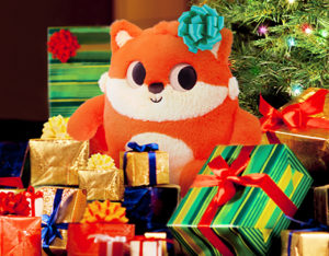 Plush fox with gifts.